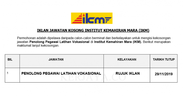 Institut Kemahiran Mara (IKM) Institut Kemahiran MARA (IKM) ~ Penolong Pegawai Latihan Vokasional