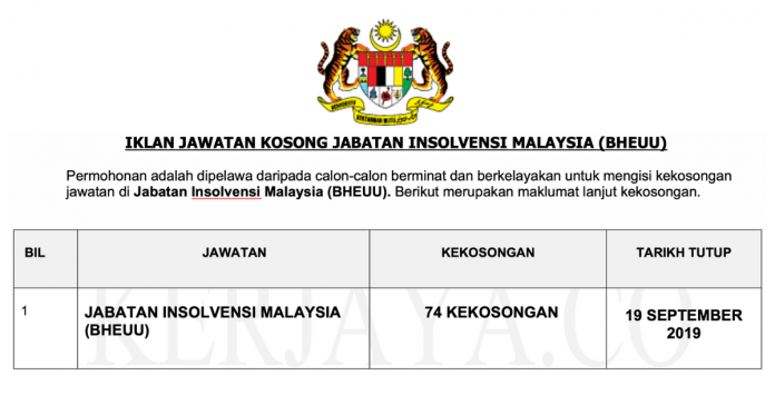 Jawatan Kosong Jabatan Insolvensi Malaysia (BHEUU) Jawatan Kosong Jabatan Insolvensi Malaysia (BHEUU)