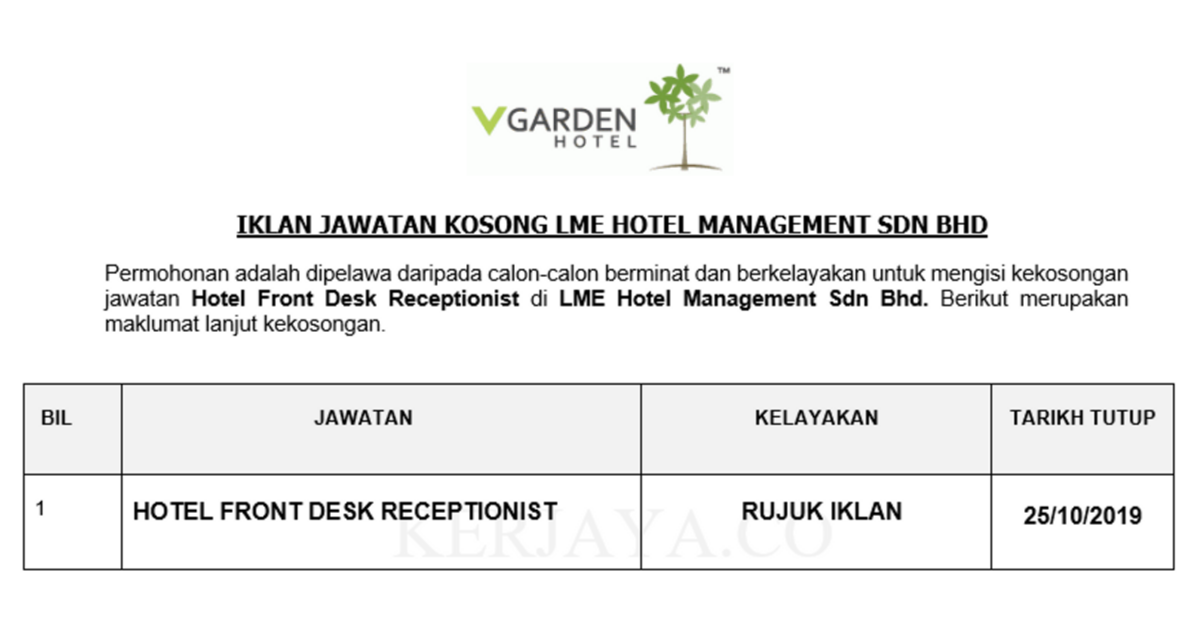 LME Hotel Management Sdn Bhd • Kerja Kosong Kerajaan