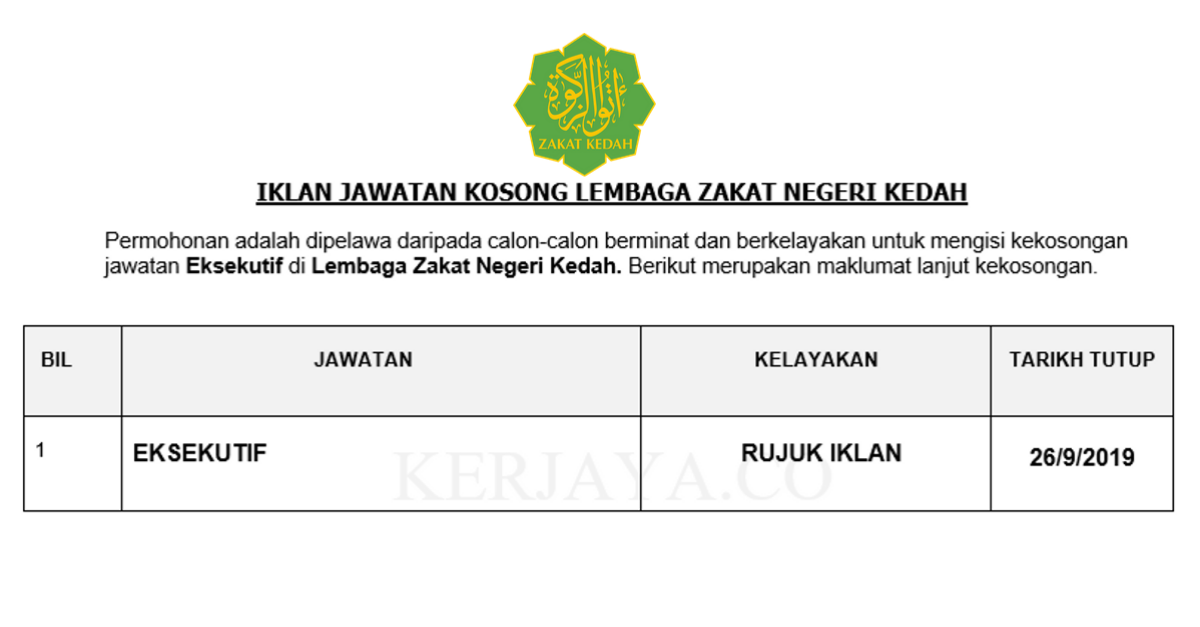 Jawatan Kosong Terkini Lembaga Zakat Negeri Kedah Eksekutif Kerja Kosong Kerajaan Swasta