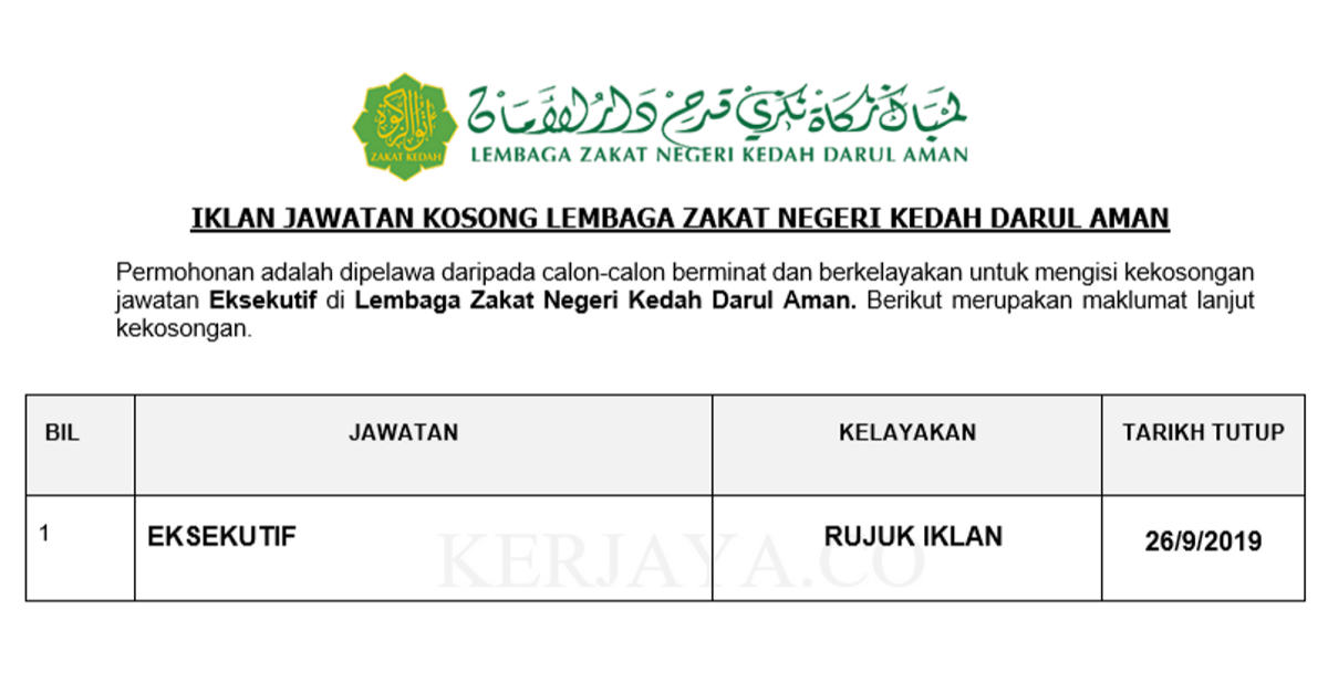 Jawatan Kosong Terkini Lembaga Zakat Negeri Kedah Darul 