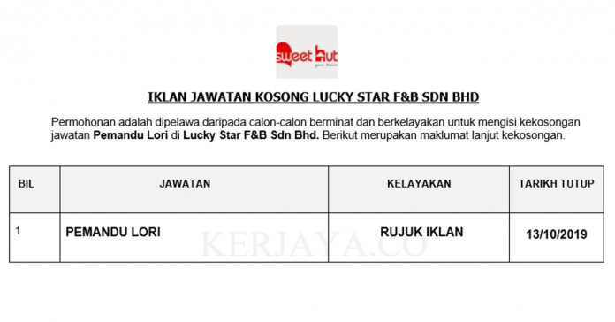 Lucky Star F&B Sdn Bhd Lucky Star F&B ~ Pemandu Lori