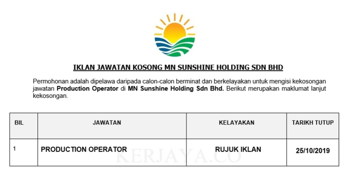MN Sunshine Holding Sdn Bhd • Kerja Kosong Kerajaan