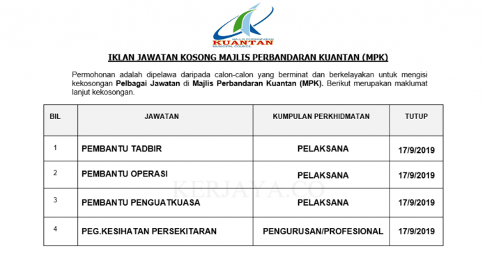 Majlis Perbandaran Kuantan (MPK) Majlis Perbandaran Kuantan (MPK) ~ Pembantu Tadbir, Pembantu Penguatkuasa, Peg.Kesihatan Persekitaran & Pelbagai Jawatan Lain