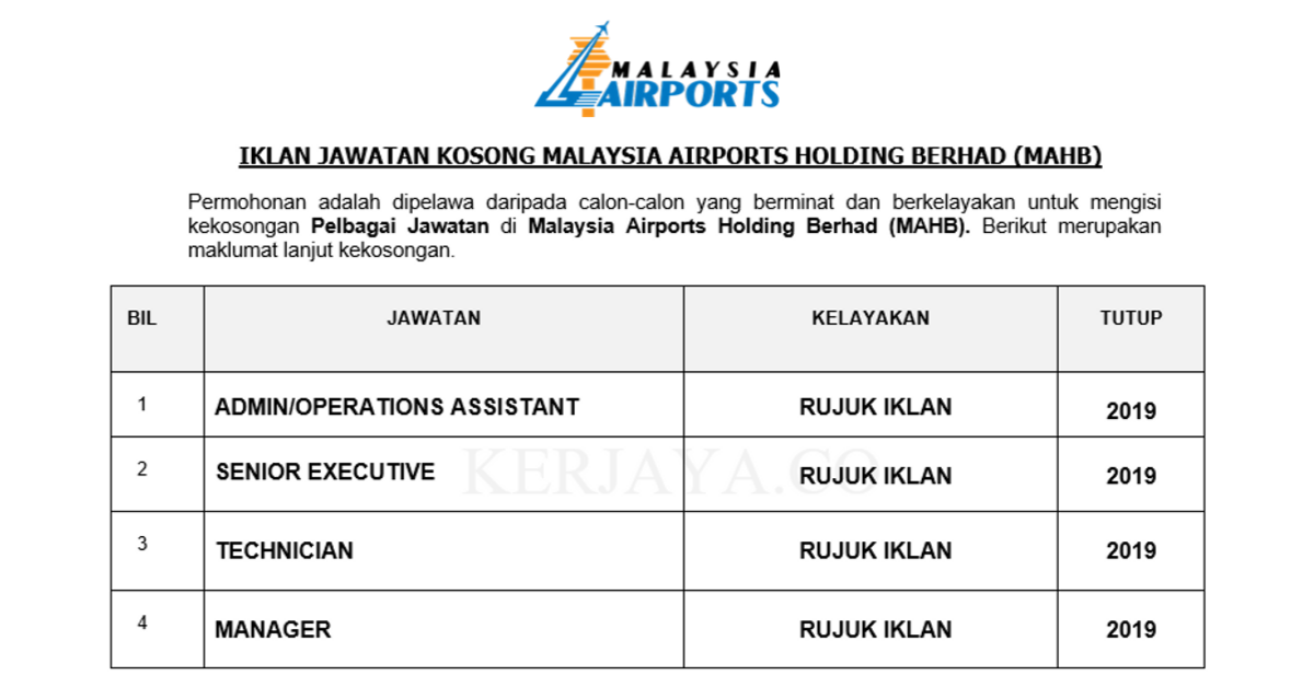 Jawatan Kosong Terkini Malaysia Airports Holdings Berhad Mahb Pelbagai Kekosongan Jawatan Kerja Kosong Kerajaan Swasta
