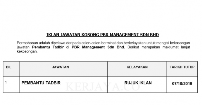 PBR Management Sdn Bhd PBR Management ~ Pembantu Tadbir