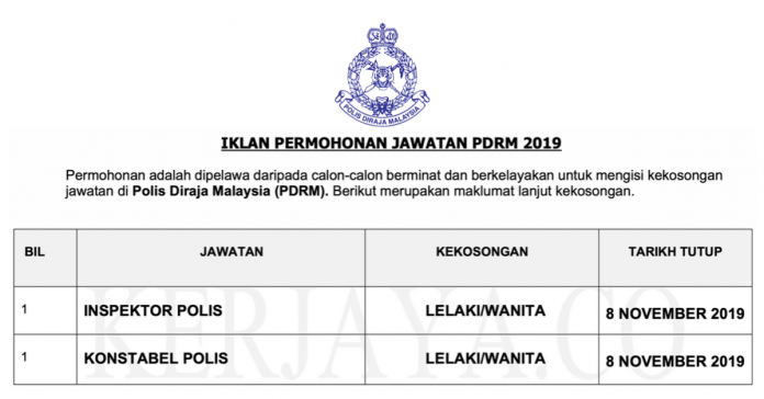Permohonan Inspektor & Konstabel Polis PDRM Lelaki & Wanita Di Buka Permohonan Inspektor & Konstabel Polis PDRM Lelaki & Wanita Di Buka