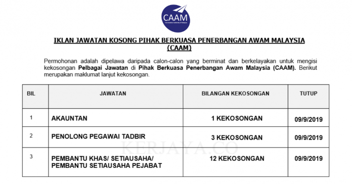 Pihak Berkuasa Penerbangan Awam Malaysia (CAAM) Pihak Berkuasa Penerbangan Awam Malaysia (CAAM) ~ Akauntan, Pen.Peg Tadbir & Pem. Setiausaha Pejabat