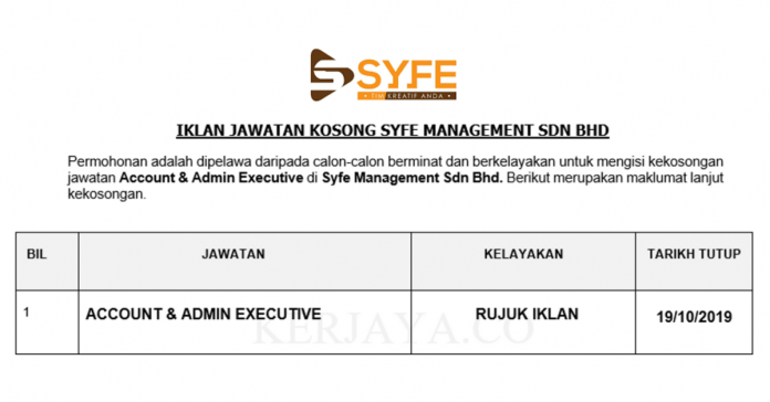 Syfe Management Sdn Bhd Syfe Management ~ Account & Admin Executive