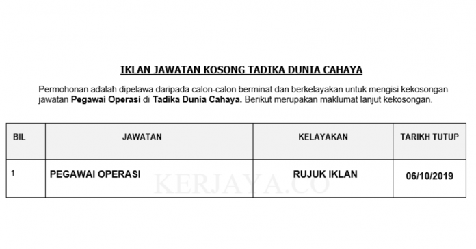Tadika Dunia Cahaya Tadika Dunia Cahaya ~ Pegawai Operasi