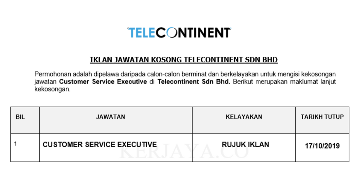 Telecontinent Sdn Bhd • Kerja Kosong Kerajaan