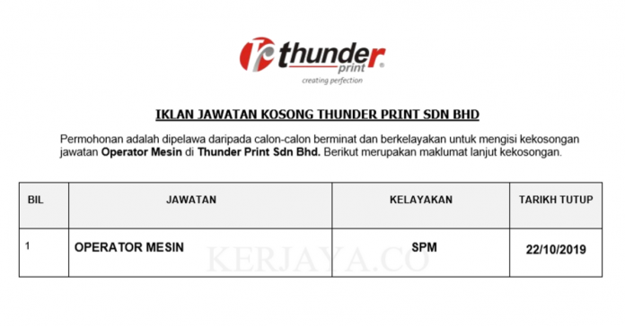 Thunder Print Sdn Bhd Thunder Print ~ Operator Mesin