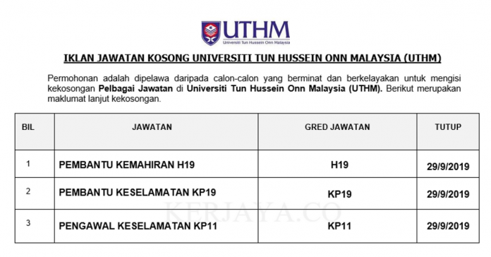 Universiti Tun Hussein Onn Malaysia (UTHM) Universiti Tun Hussein Onn Malaysia (UTHM) ~ Pembantu Kemahiran, Pembantu Keselamatan & Pengawal Keselamatan
