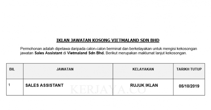 Vietmaland Sdn Bhd Vietmaland ~ Sales Assistant