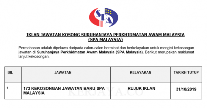 173 kekosongan Jawatan Suruhanjaya Perkhidmatan Awam Malaysia (SPA Malaysia) 173 Kekosongan Jawatan Baru Suruhanjaya Perkhidmatan Awam Malaysia (SPA Malaysia)