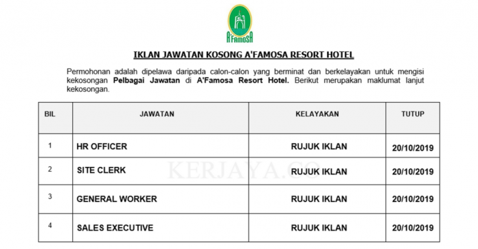 A'Famosa Resort Hotel A'Famosa Resort Hotel ~ HR Officer, Front Office Assistant, Site Clerk & Pelbagai Jawatan Lain