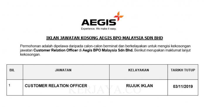 Aegis BPO Malaysia Sdn Bhd (1) Aegis BPO Malaysia ~ Customer Relation Officer