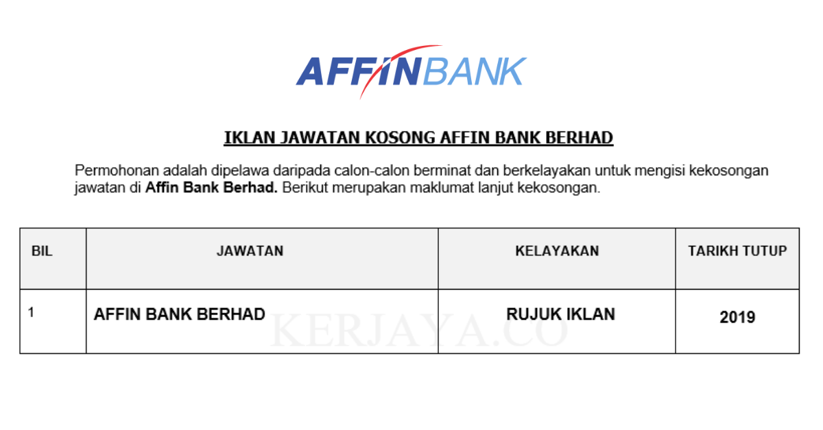 Jawatan Kosong Terkini Affin Bank Berhad ~ Pelbagai Kekosongan Jawatan ...