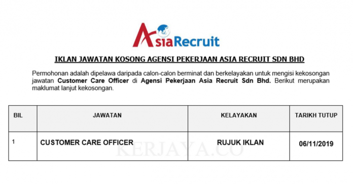 Agensi Pekerjaan Asia Recruit Sdn Bhd Agensi Pekerjaan Asia Recruit ~ Customer Care Officer