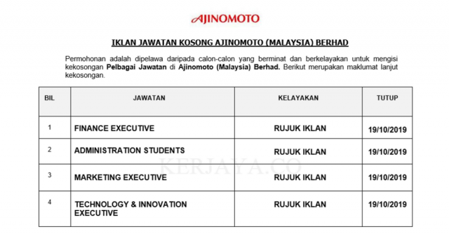 Ajinomoto (Malaysia) Berhad ~ Marketing Executive,  Administration Students & Pelbagai Jawatan Lain