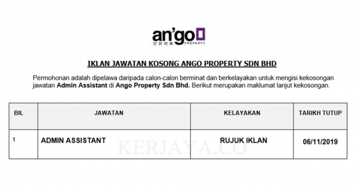 Ango Property Sdn Bhd Ango Property ~ Admin Assistant