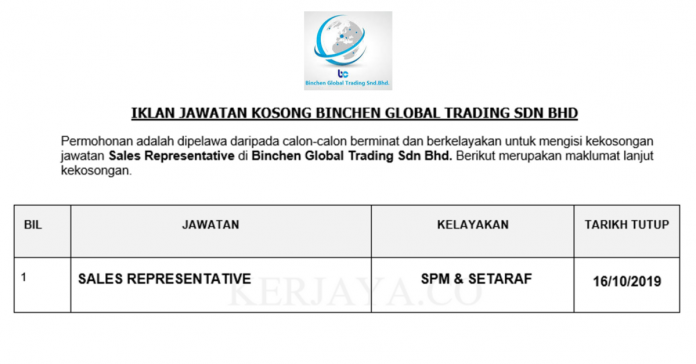 BINCHEN GLOBAL TRADING SDN BHD Binchen Global Trading ~ Sales Representative