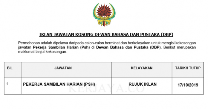 Dewan Bahasa dan Pustaka (DBP) Dewan Bahasa dan Pustaka (DBP) ~ Pekerja Sambilan Harian (PSH)