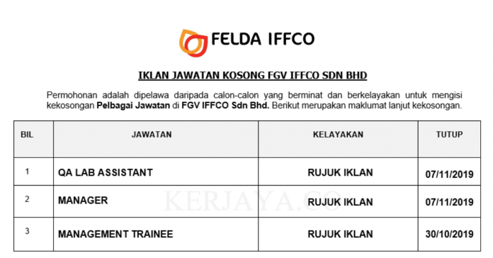 FGV IFFCO Sdn Bhd FGV IFFCO ~ Manager, Management Trainee & QA Lab Assistant