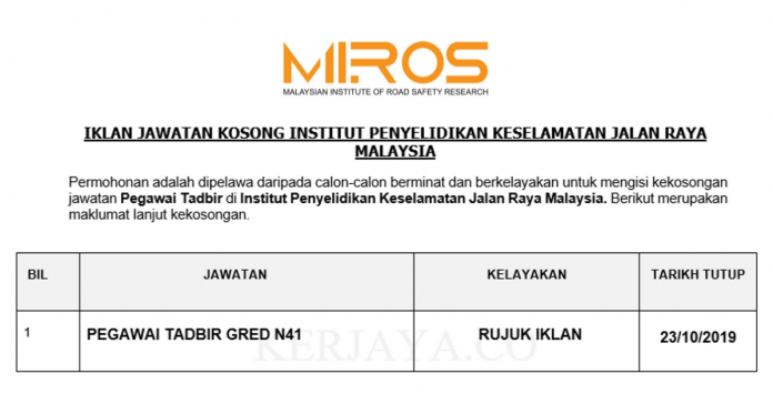 Institut Penyelidikan Keselamatan Jalan Raya Malaysia Institut Penyelidikan Keselamatan Jalan Raya Malaysia ~ Pegawai Tadbir