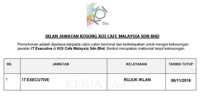 KOI Cafe Malaysia Sdn Bhd KOI Cafe Malaysia ~ Eksekutif IT