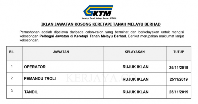 Keretapi Tanah Melayu Berhad Keretapi Tanah Melayu Berhad (KTMB) ~ Operator, Pemandu Troli & Pelbagai Jawatan Lain