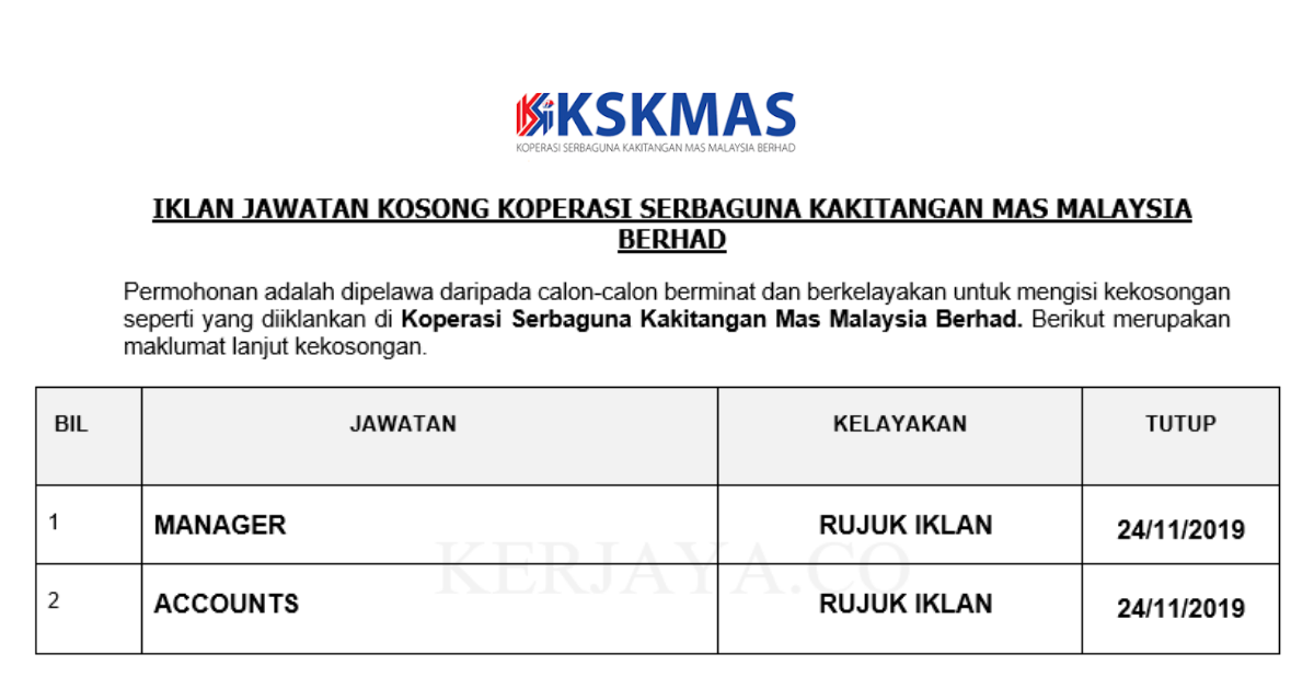 Jawatan Kosong Terkini Koperasi Serbaguna Kakitangan Mas Malaysia Berhad Kerja Kosong Kerajaan Swasta