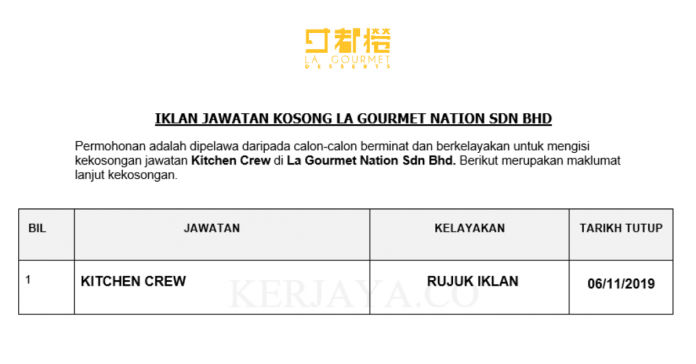 La Gourmet Nation Sdn Bhd La Gourmet Nation ~ Kitchen Crew