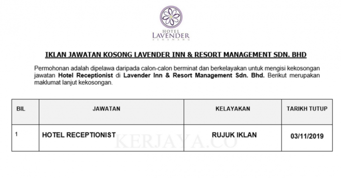 Lavender Inn & Resort Management Sdn. Bhd Lavender Inn & Resort Management ~ Hotel Receptionist