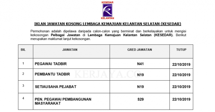 Lembaga Kemajuan Kelantan Selatan (KESEDAR) Lembaga Kemajuan Kelantan Selatan (KESEDAR) ~ Pembantu Tadbir, Setiausaha Pejabat, Pem.Pembangunan Pejabat & Pelbagai Jawatan Lain