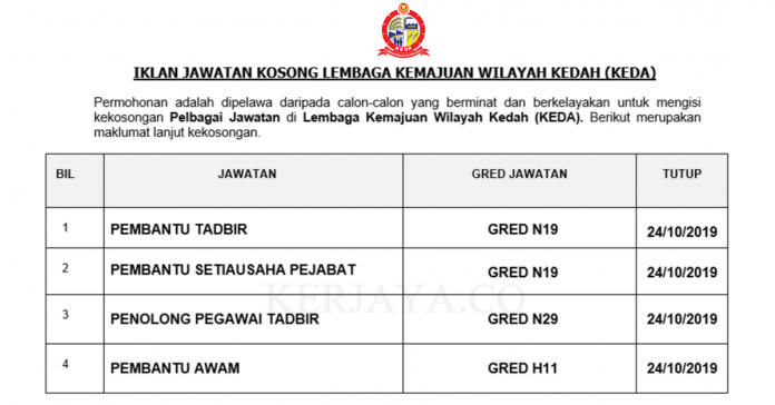 Lembaga Kemajuan Wilayah Kedah (KEDA) Lembaga Kemajuan Wilayah Kedah (KEDA) ~ Pembantu Tadbir, Pembantu Awam, Penolong Pegawai Tadbir & Pelbagai Jawatan Lain