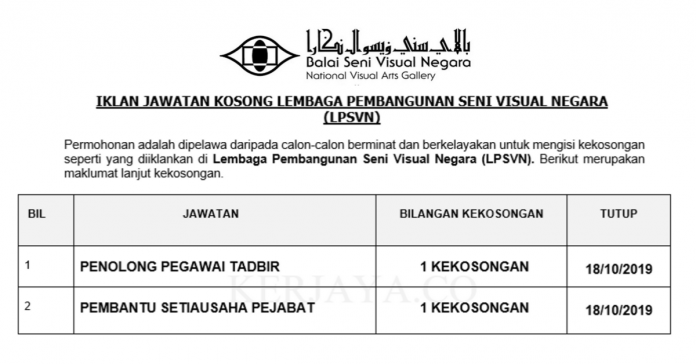 Lembaga Pembangunan Seni Visual Negara (LPSVN) Lembaga Pembangunan Seni Visual Negara (LPSVN) ~ Penolong Pegawai Tadbir & Pembantu Setiausaha Pejabat