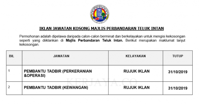 Jawatan Kosong Terkini Majlis Perbandaran Teluk Intan 