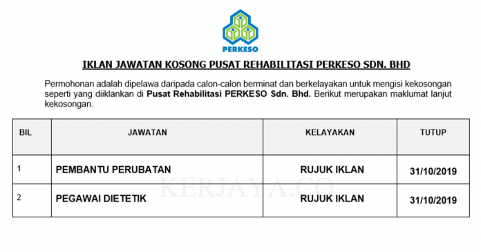 Pusat Rehabilitasi PERKESO Sdn. Bhd Pusat Rehabilitasi PERKESO ~ Pegawai Dietetik &Pembantu Perubatan