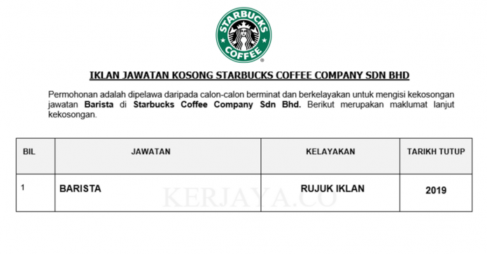 Starbucks Coffee Company Sdn Bhd Starbucks Coffee Company ~ 105 Kekosongan Barista Seluruh Negara