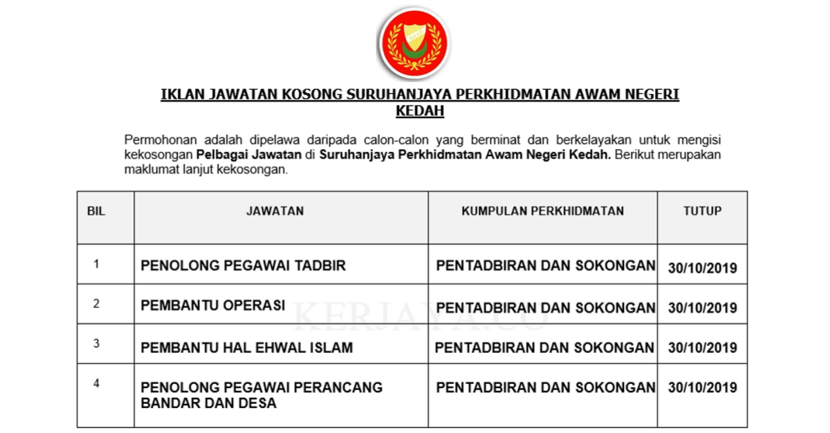 Jawatan Kosong Terkini Suruhanjaya Perkhidmatan Awam Negeri Kedah Penolong Pegawai Tadbir Pembantu Operasi Pembantu Hal Ehwal Islam Pelbagai Jawatan Lain Kerja Kosong Kerajaan Swasta