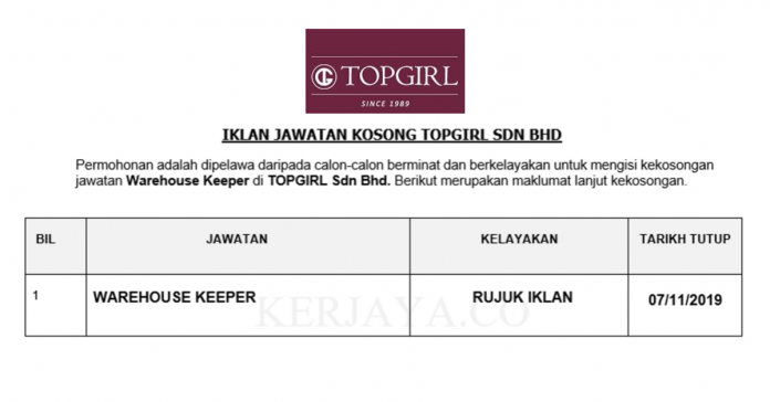 TOPGIRL Sdn Bhd TOPGIRL ~ Warehouse Keeper