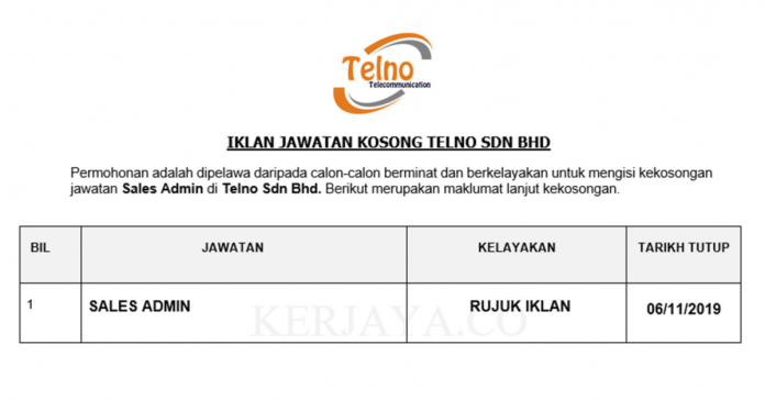 Telno Sdn Bhd Telno ~ Sales Admin