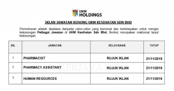 UKM Kesihatan Sdn Bhd UKM Kesihatan ~ Pharmacist, Pharmacist Assistant & Human Resources