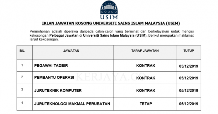 Universiti Sains Islam Malaysia (USIM) Universiti Sains Islam Malaysia (USIM) ~ Pegawai Tadbir, Pembantu Operasi, Pembantu Makmal & Pelbagai Jawatan Lain