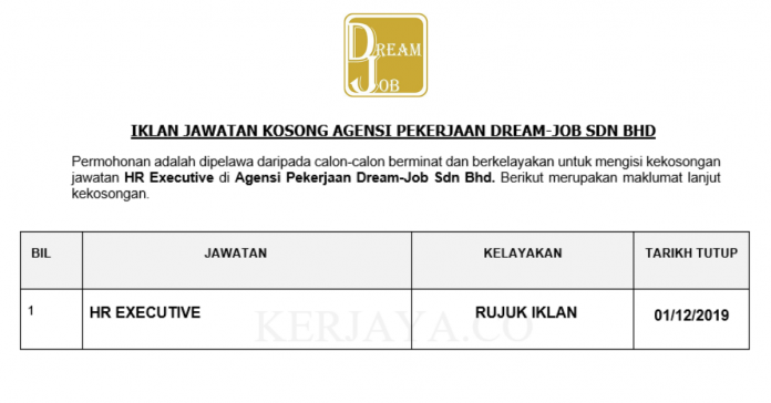 Agensi Pekerjaan Dream-Job Sdn Bhd (1) Agensi Pekerjaan Dream-Job ~ HR Executive