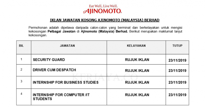 Ajinomoto (Malaysia) Berhad Ajinomoto (Malaysia) Berhad ~ Internship For Business Studies / IT Students, Despatch & Security Guard