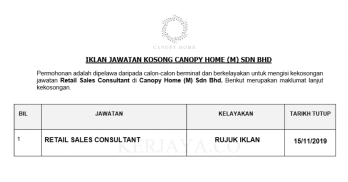 Canopy Home (M) Sdn Bhd Canopy Home ~ Retail Sales Consultant