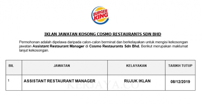 Cosmo Restaurants Sdn Bhd Cosmo Restaurants ~ Assistant Restaurant Manager