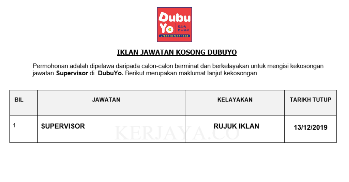 Jawatan Kosong Terkini DubuYo ~ Supervisor • Kerja Kosong ...